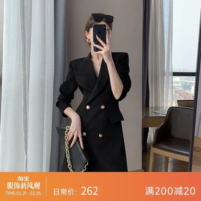 FT GUOGE黑色西装连衣裙2025春新款高级感收腰显瘦气质女神范裙子