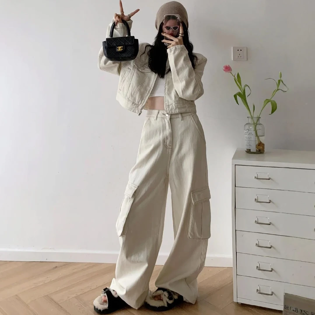 工装风早秋穿搭一整套女时尚高级感冲锋衣外套夹克阔腿裤运动套装