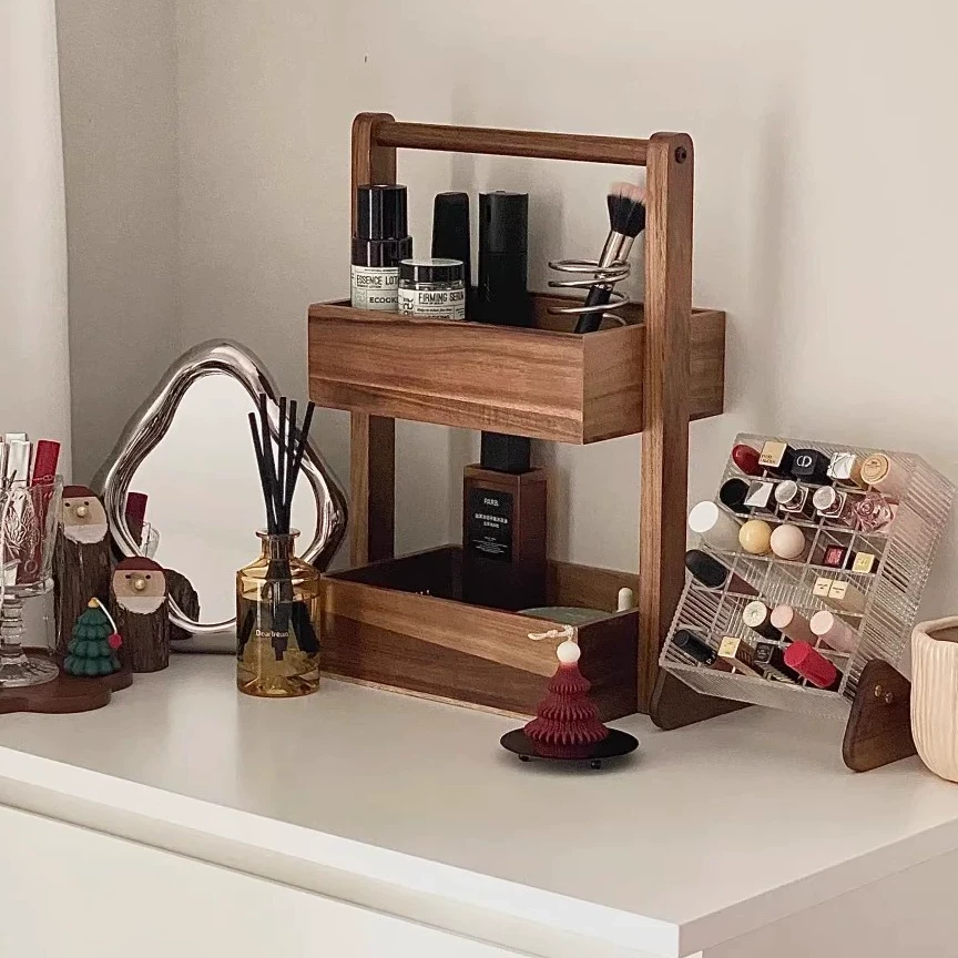 双层实木置物架木质多层厨房浴室卫生间收纳架桌面零食果蔬储物筐