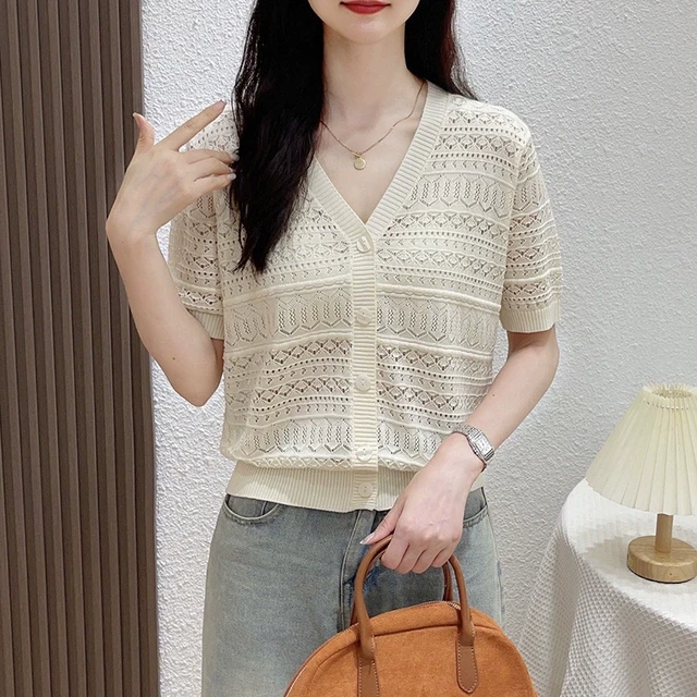 天丝短袖针织衫女开衫2025夏季新款宽松百搭轻薄镂空裙子外搭上衣