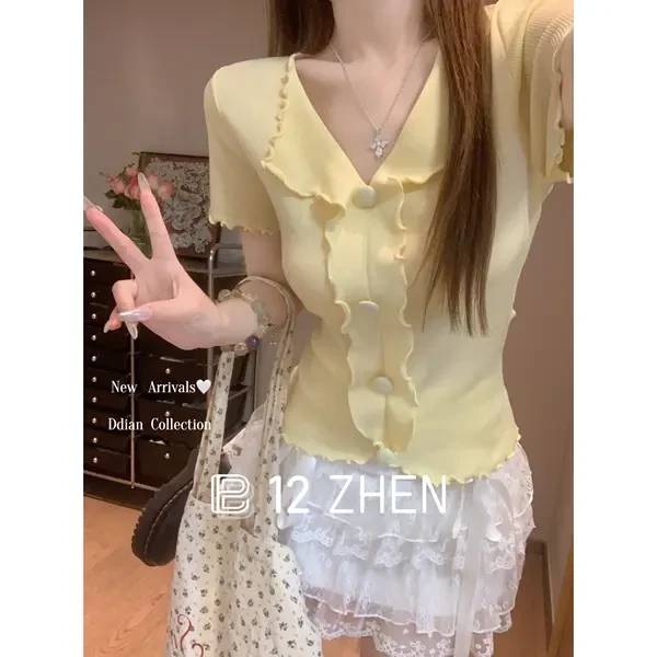 2025夏季韩版半开领木耳边糖果色设计感百搭天丝针织衫短袖上衣女