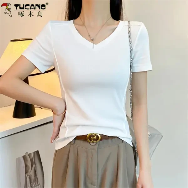 【啄木鳥】95棉V领正肩短袖t恤修身打底衫内搭显瘦上衣潮牌低领