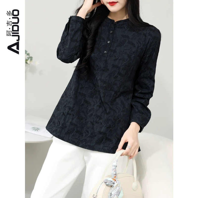 阿吉多立领长袖衬衣2024年新款女黑色法式精致提花上衣高级感上衣