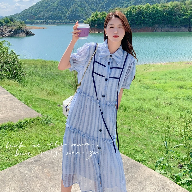 蓝色条纹衬衫连衣裙女2025夏季新款设计感小众宽松减龄小个子裙子
