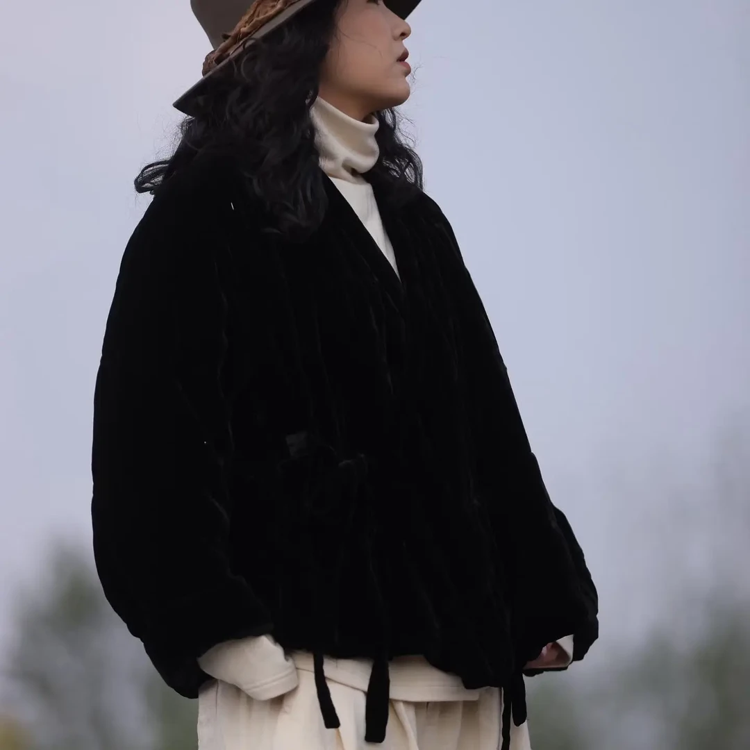 古兰木冬季黑色桑蚕丝真丝绒复古女士保暖棉服