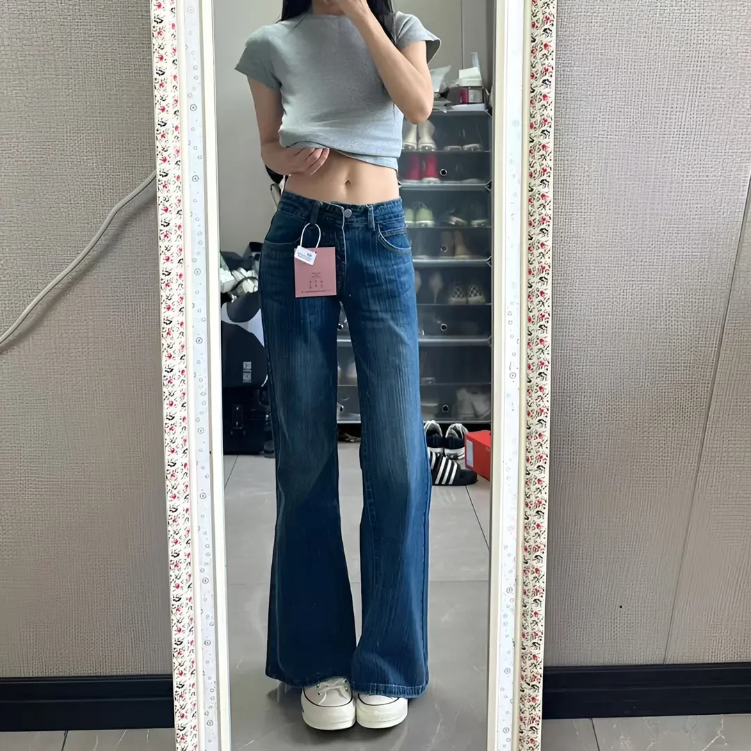 深蓝美式低腰微喇牛仔裤女夏季竹节纹不贴腿设计直筒喇叭裤子