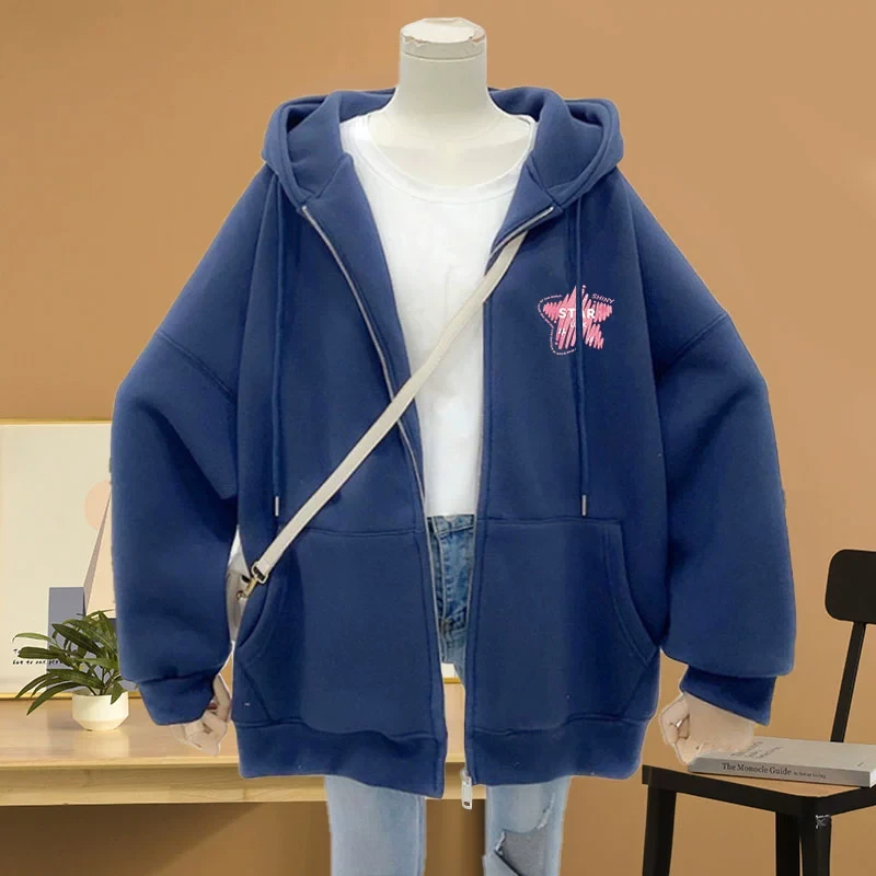 宽松胖mm秋冬季加绒加厚拉链卫衣女设计感小众休闲百搭开衫外套潮