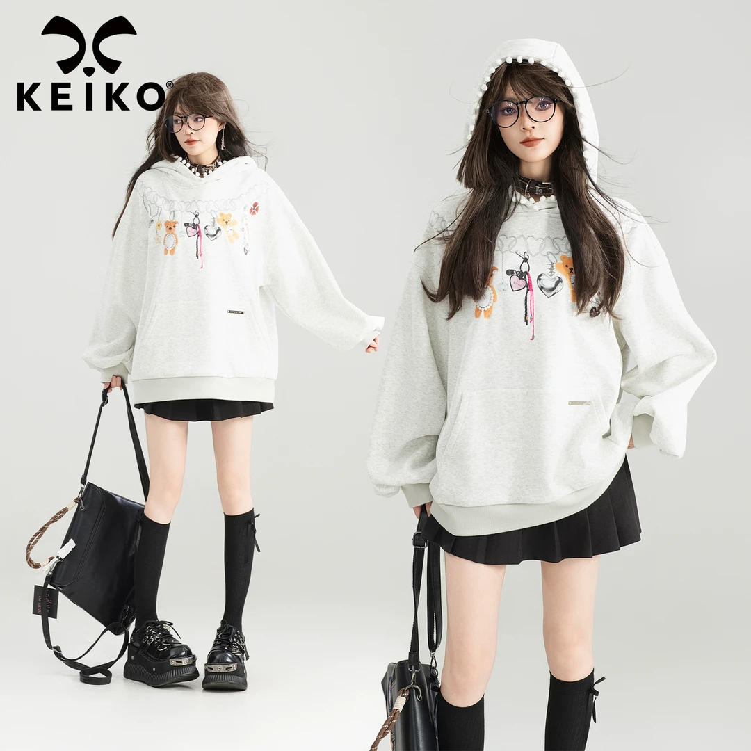KEIKO [项链印花]设计感灰色连帽卫衣25秋季美式慵懒chic外套上衣