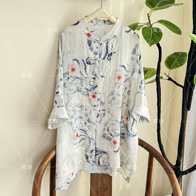 【青花瓷】国风大气印花苎麻手工盘扣开衫防晒服外套52283