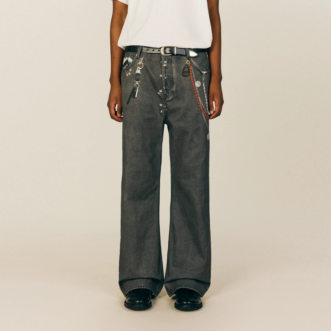 NONRADICAL （NR）数码幻境 裤链血渍印花牛仔裤高街复古长裤男