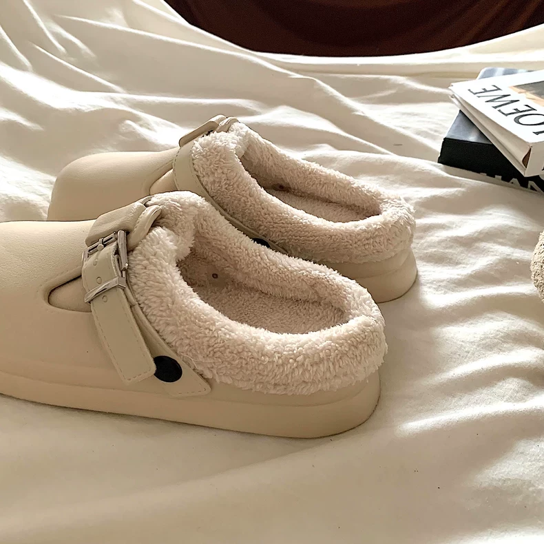 奶fufu~ins韩版百搭厚底包头棉拖鞋女冬外穿防滑加绒保暖毛毛拖鞋