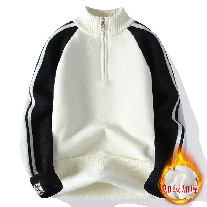 2024新款复古拼色毛衣男士加绒加厚秋冬款半高拉链领休闲针织衫