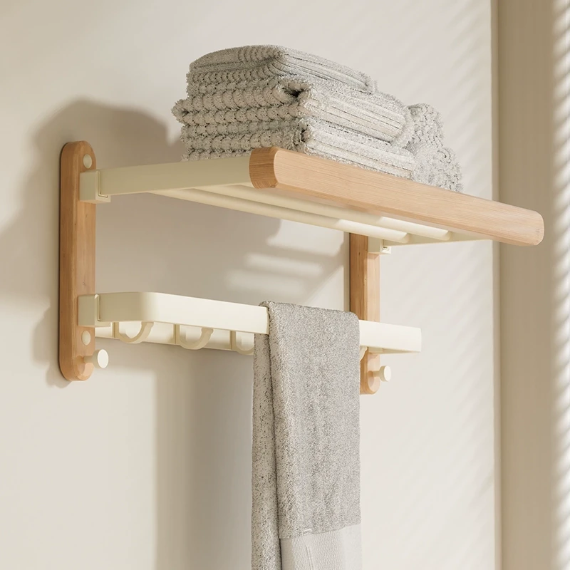 日系原木实木毛巾架高端浴室卫生间厕所洗手间免打孔浴巾置物架子
