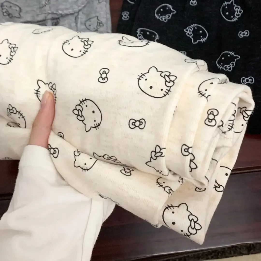 可爱Kitty印花秋冬加绒女生高腰垂感休闲阔腿糯米裤