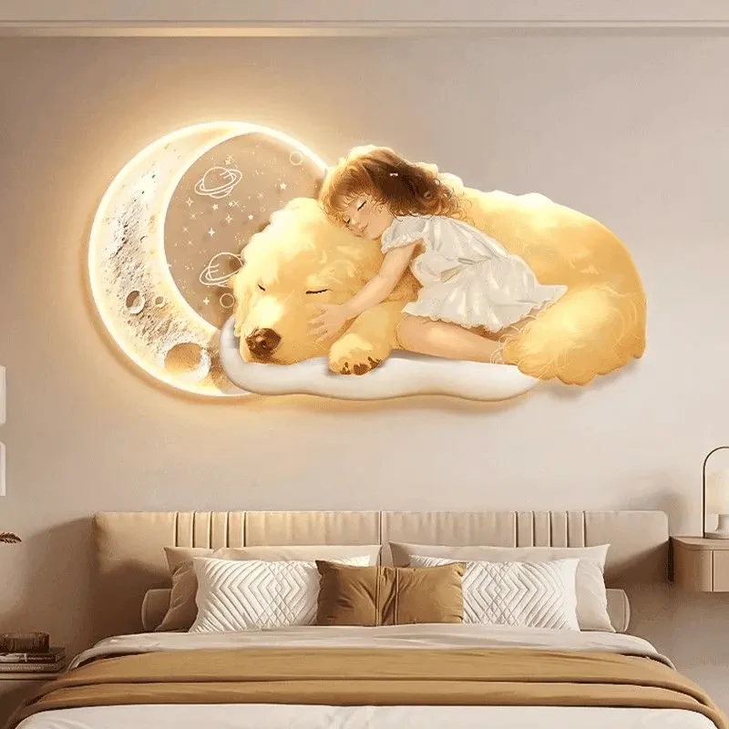 奶油风女孩房间卧室装饰画卡通小狗狗儿童房壁画月亮床头带灯挂画