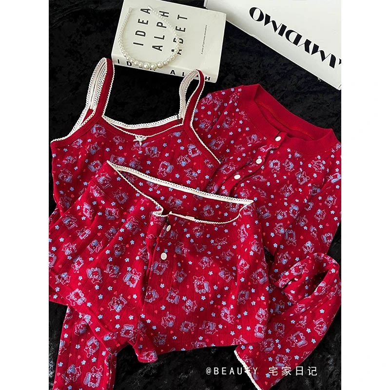 可爱少女卡通小象长袖三件套睡衣女纯欲辣妹吊带短裤家居服套装夏