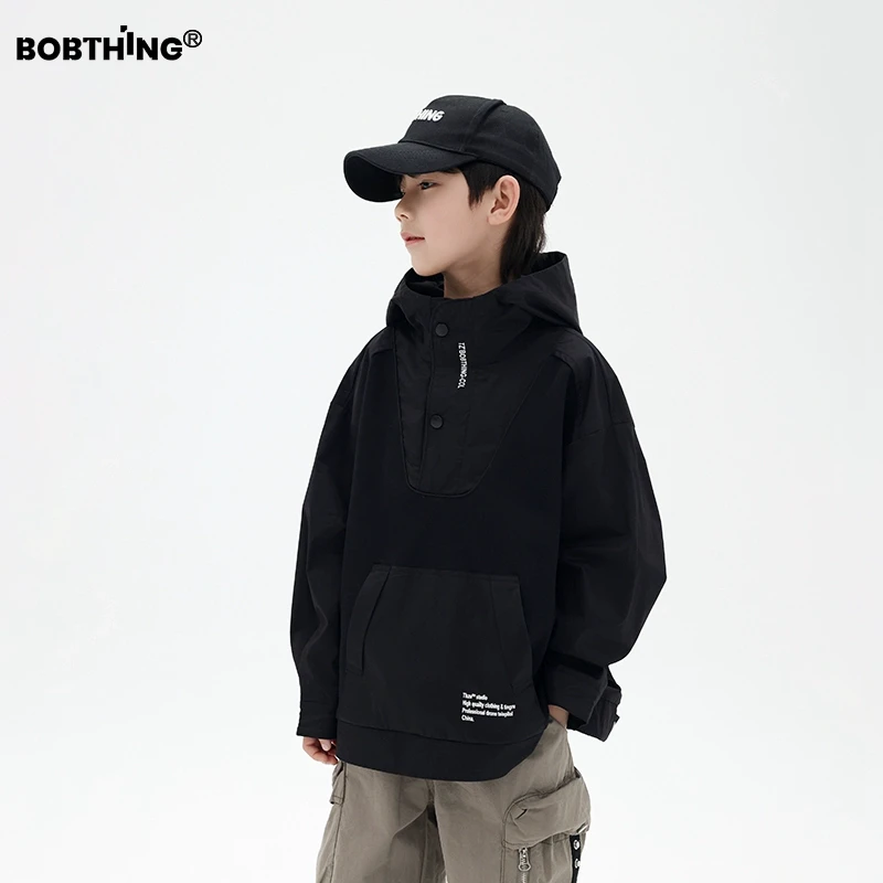 男童设计感拼接套头冲锋衣春秋季连帽外套儿童潮酷帽衫童装防风衣