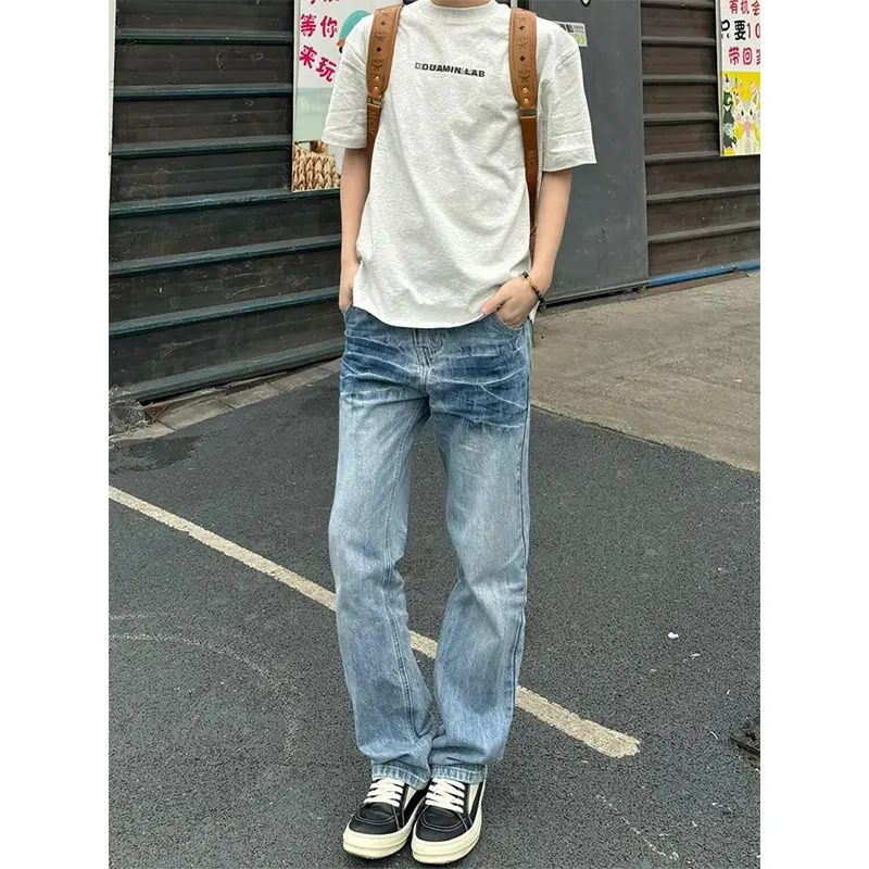 「Pansk」冰蓝闪电纹牛仔裤男款夏季美式高街vibe裤子窄版微喇长裤