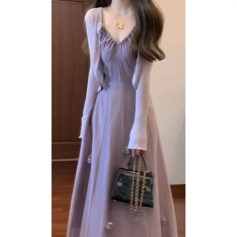 【丁香风铃】紫色优雅设计感立体花朵吊带连衣裙&防晒空调开衫