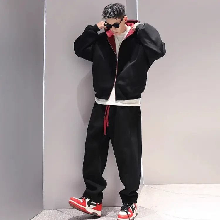 祁岫招重磅美式拉链连帽卫衣套装男秋冬新款宽松运动两件套百搭