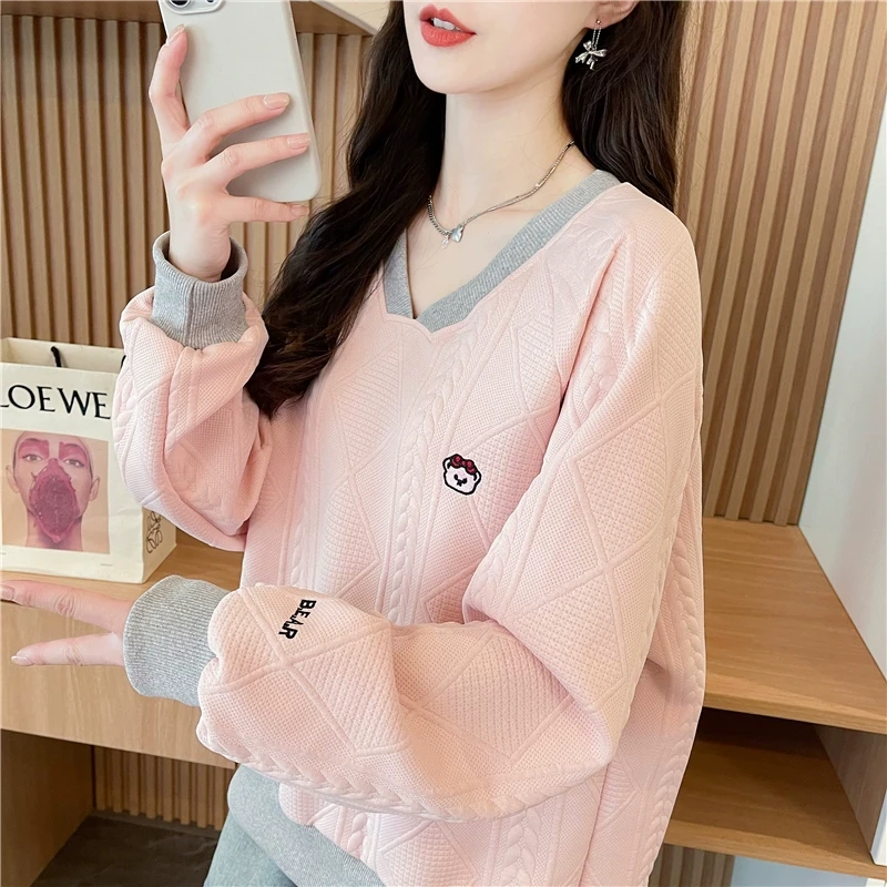 V领卫衣女2025新款春秋季韩版宽松薄款撞色小个子初中生上衣外套