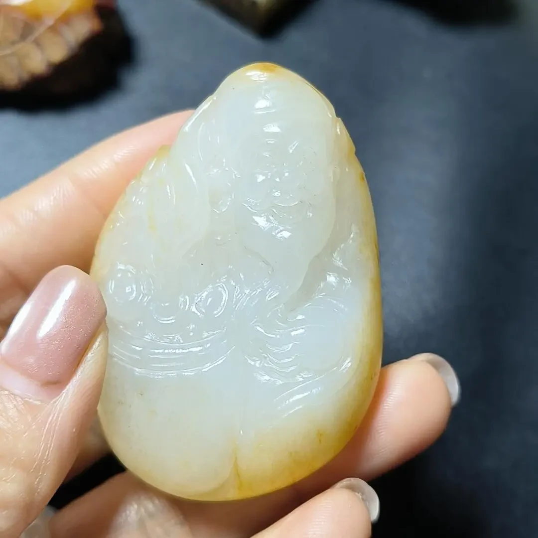 白玉带皮观音男女款守护神原石手工玉石挂件毛衣链