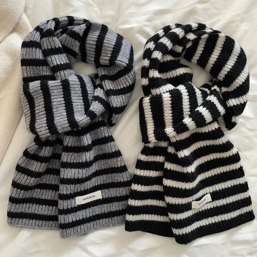 100%纯羊毛韩系氛围感黑白灰条纹围巾女冬季2025加厚保暖情侣围脖