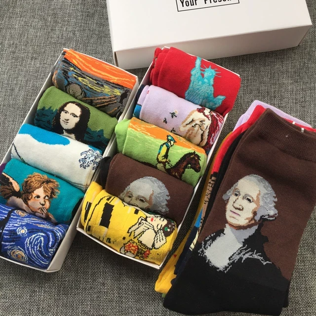 复古名画油画袜子秋冬欧美梵高星空男女情侣棉中筒长袜潮礼盒装