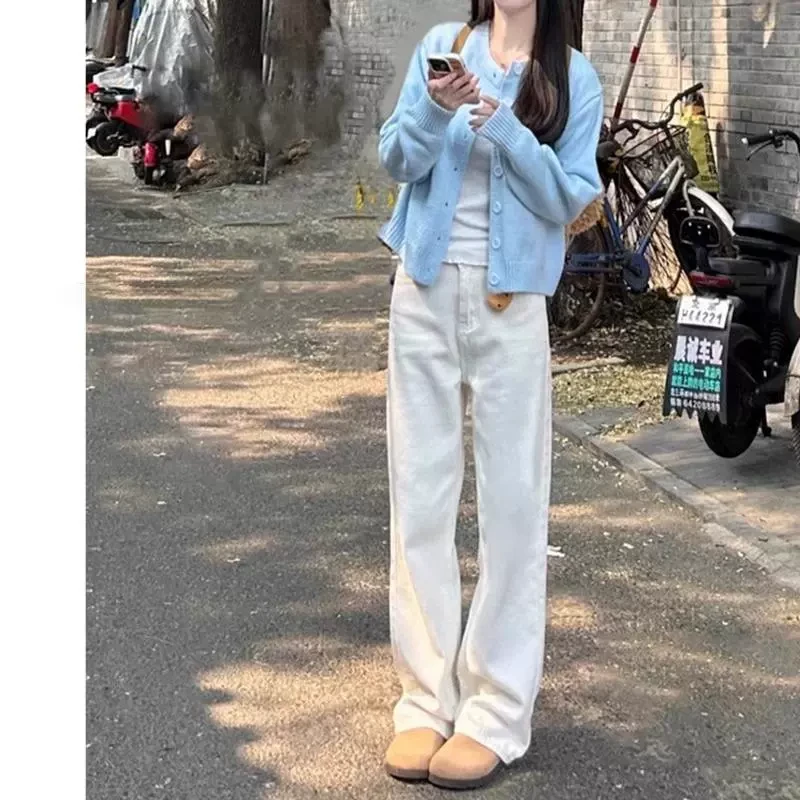 雪千羽白色窄版阔腿牛仔裤女春2025新款小个子宽松显瘦垂感直筒裤