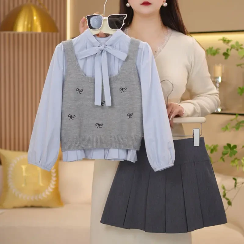 【闺蜜家】女童2025春季新款蝴蝶结针织马甲衬衫百褶裙套装-
