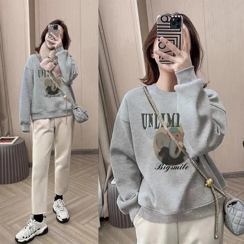 圆领套打底衫加绒加厚卫衣女2025秋冬新款宽松韩版外套春秋薄款