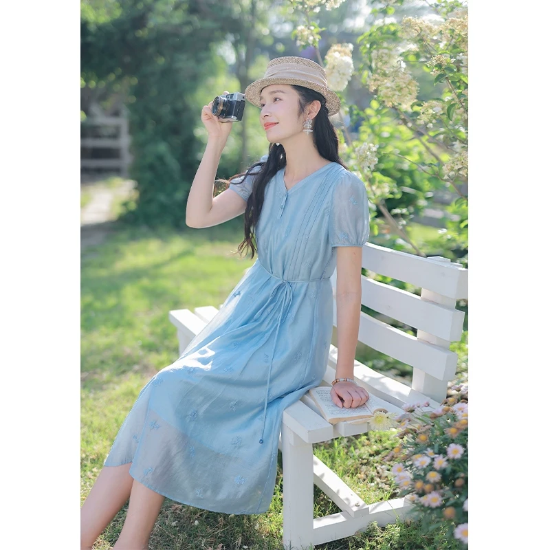 红念蓝色收腰V领印花连衣裙女长裙显瘦夏季2025新款气质优雅裙子