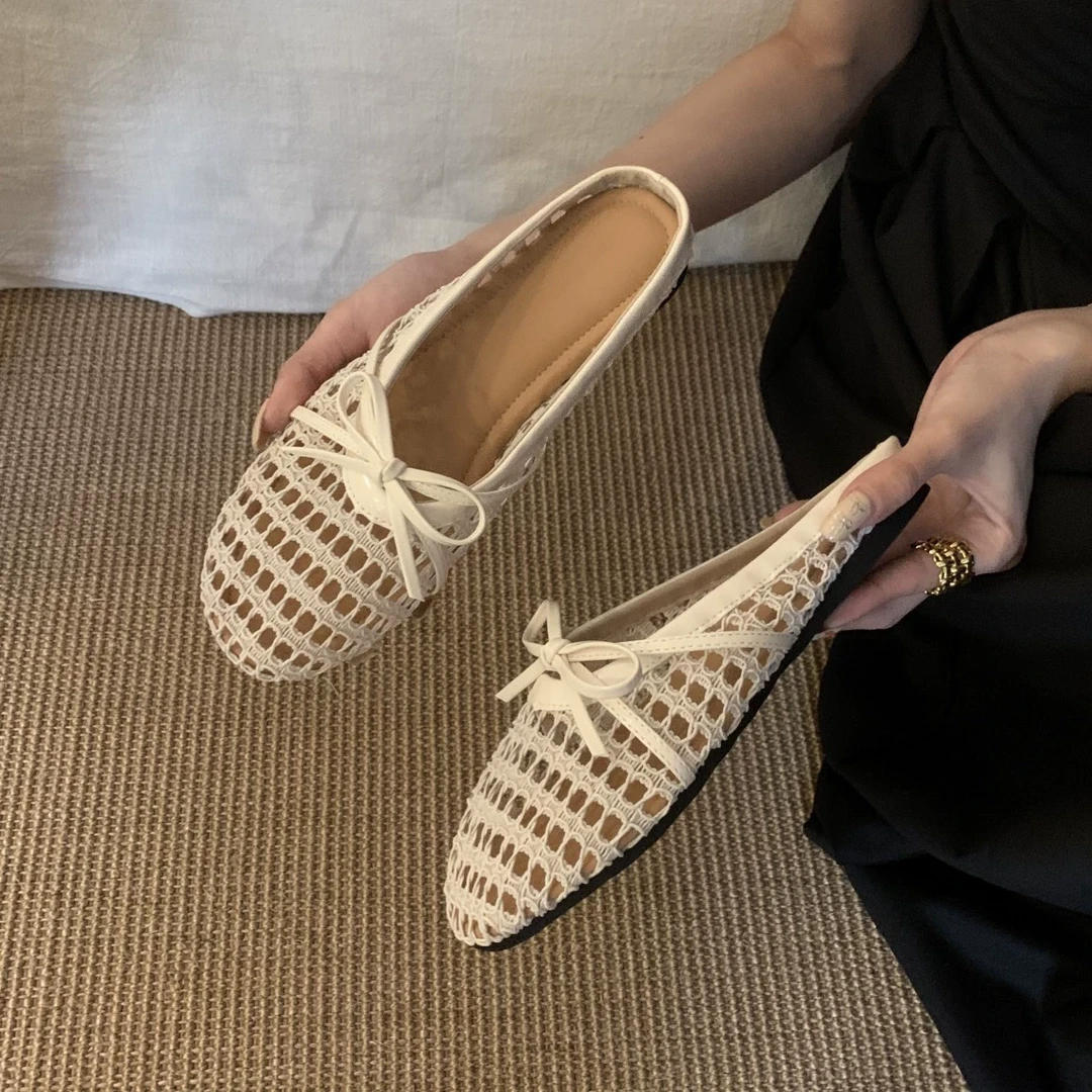 MUMU田园风编织镂空渔网鞋女甜美蝴蝶结浅口平底包头半拖鞋凉拖鞋