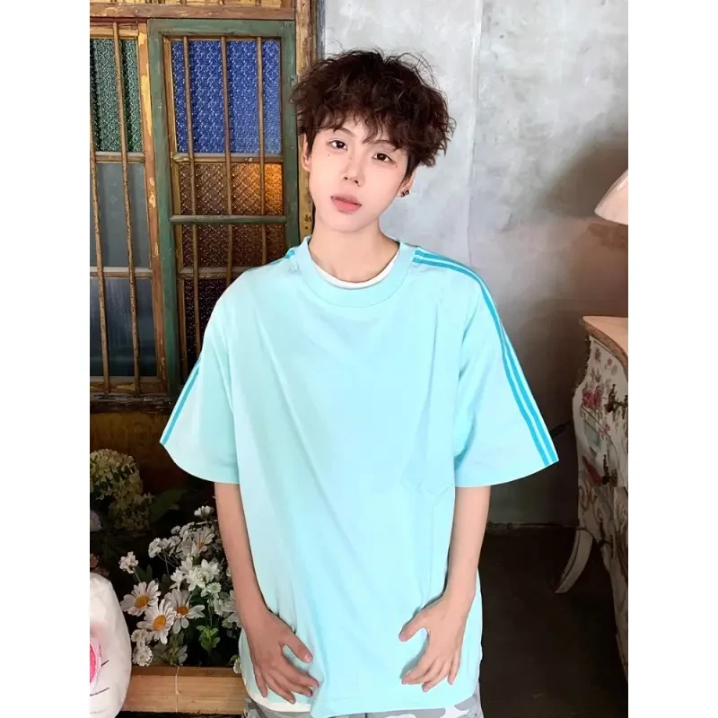 薄荷绿三条杠条纹短袖男夏季美式cleanfit穿搭T恤痞帅小领口半袖