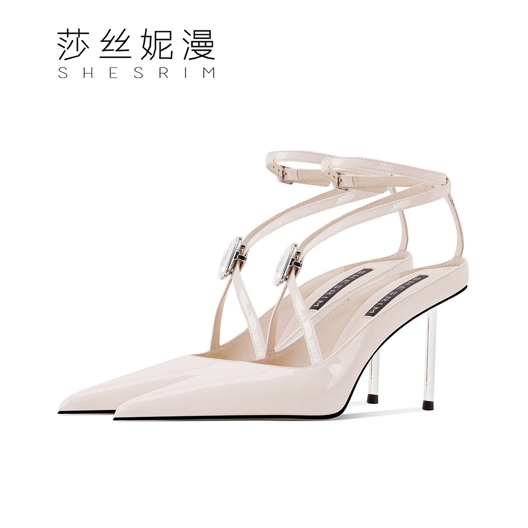 73-百搭黑色高跟凉鞋女2025年新款漆皮时尚尖头高跟鞋一字带