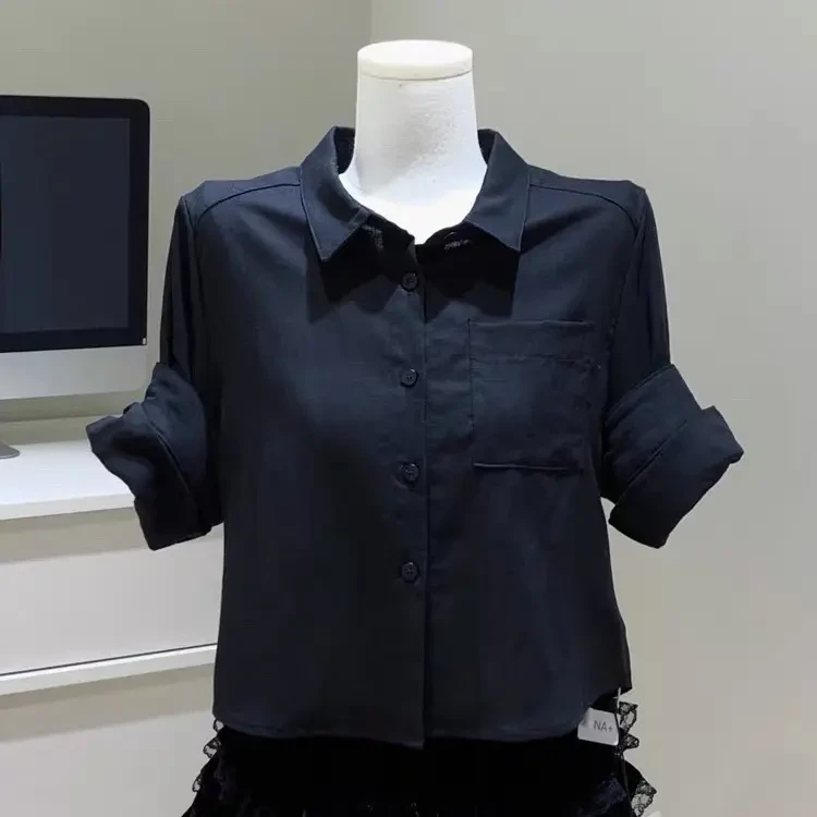 法式复古k30小资藏青色翻领长袖衬衫女秋季新款气质修身显瘦上衣