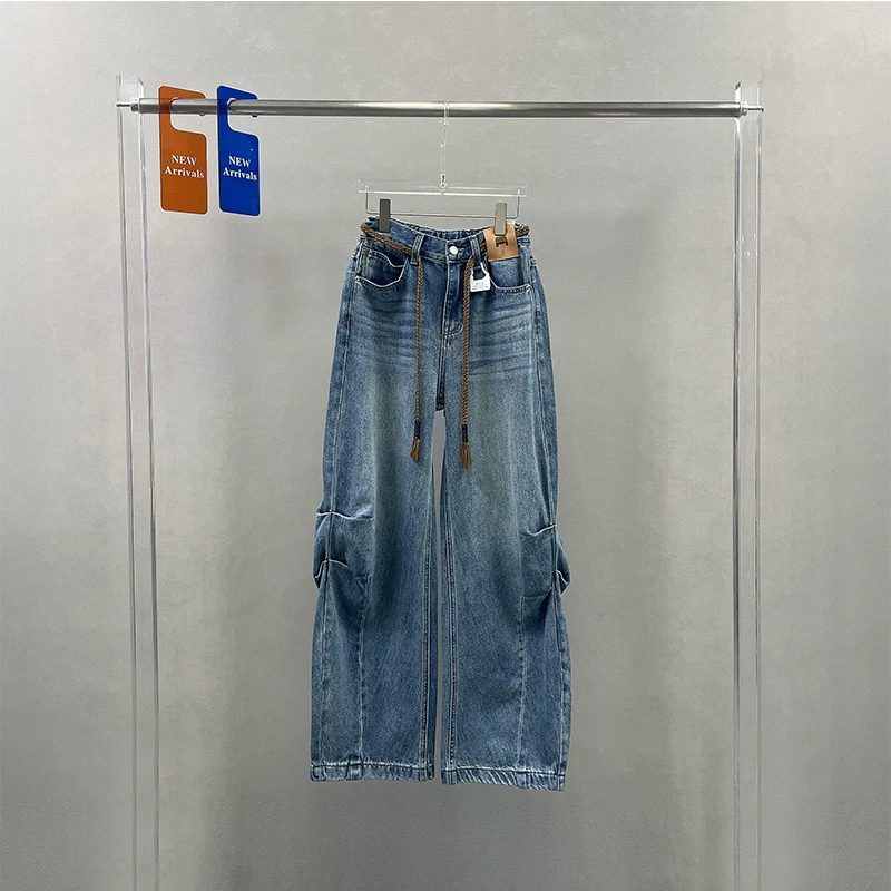 高品春季新款今年流行爆款设计感高腰宽松捏褶弯刀阔腿牛仔裤6068