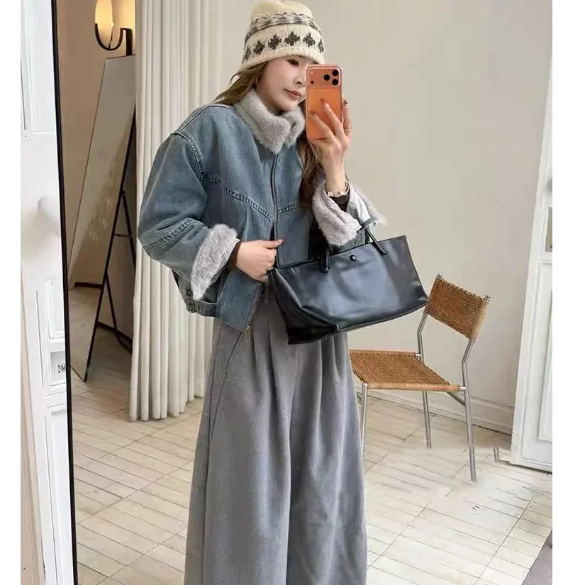 欧货加绒加厚牛仔外套女冬季短款2025新款休闲毛毛拼接棉服派克服