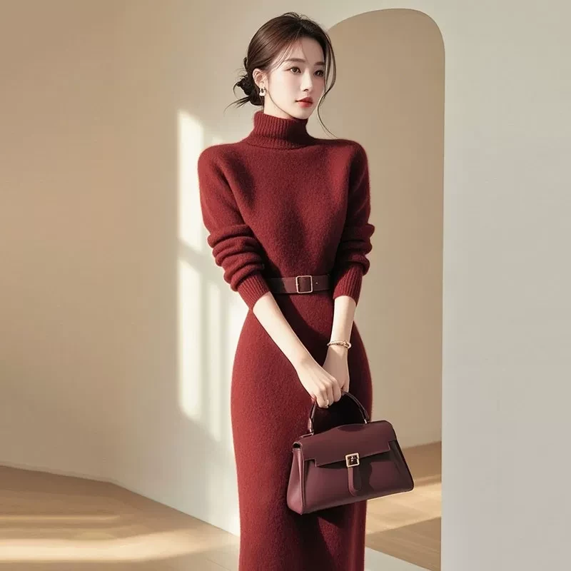 富家千金高级感圣诞穿搭红色收腰连衣裙2024新款女秋冬洋气质长裙