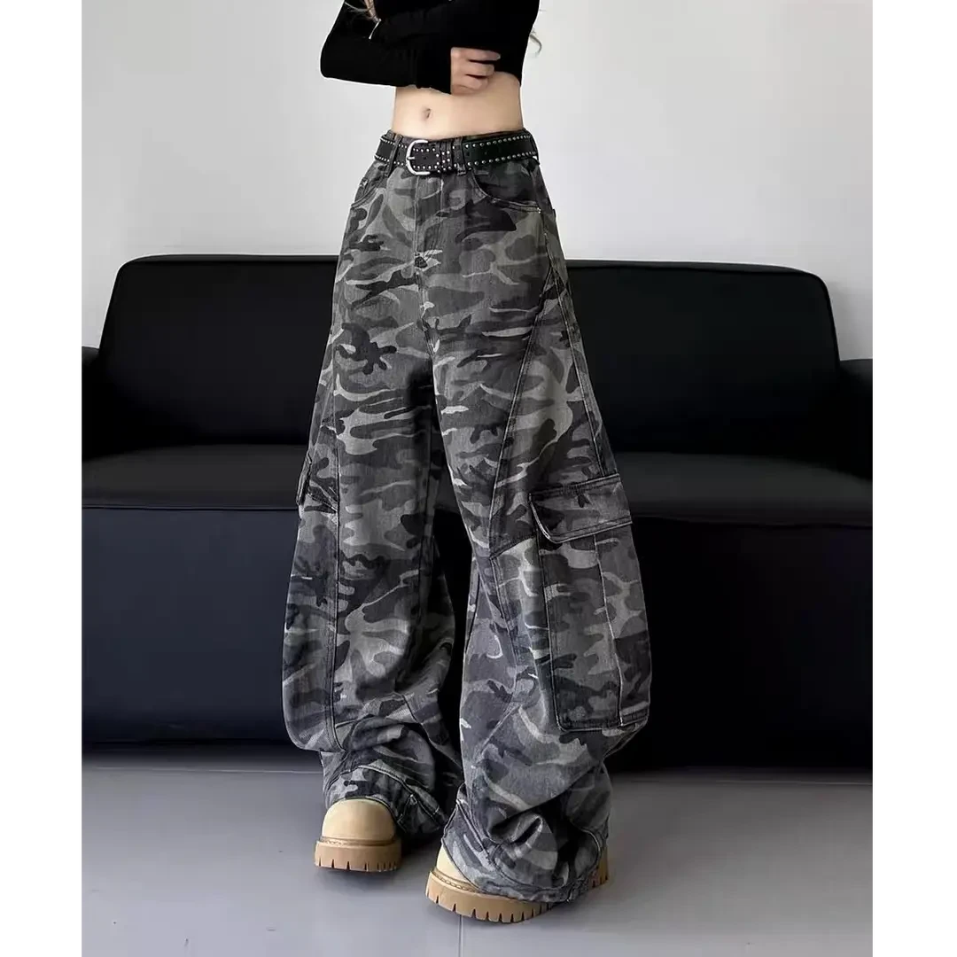 美式高街复古迷彩阔腿工装裤男女潮牌宽松反穿设计感弯刀牛仔裤子