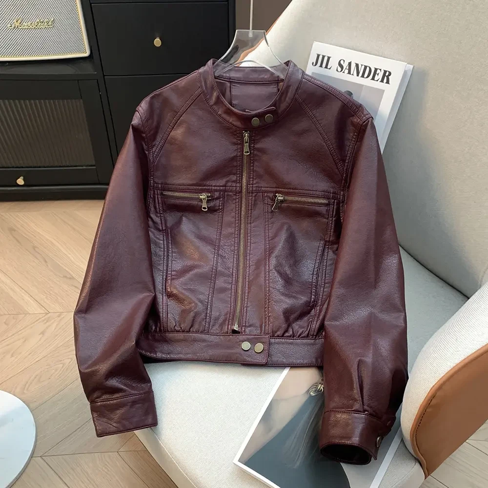 2025春秋时尚立领PU皮衣外套女短款宽松休闲百搭机车服夹克上8820