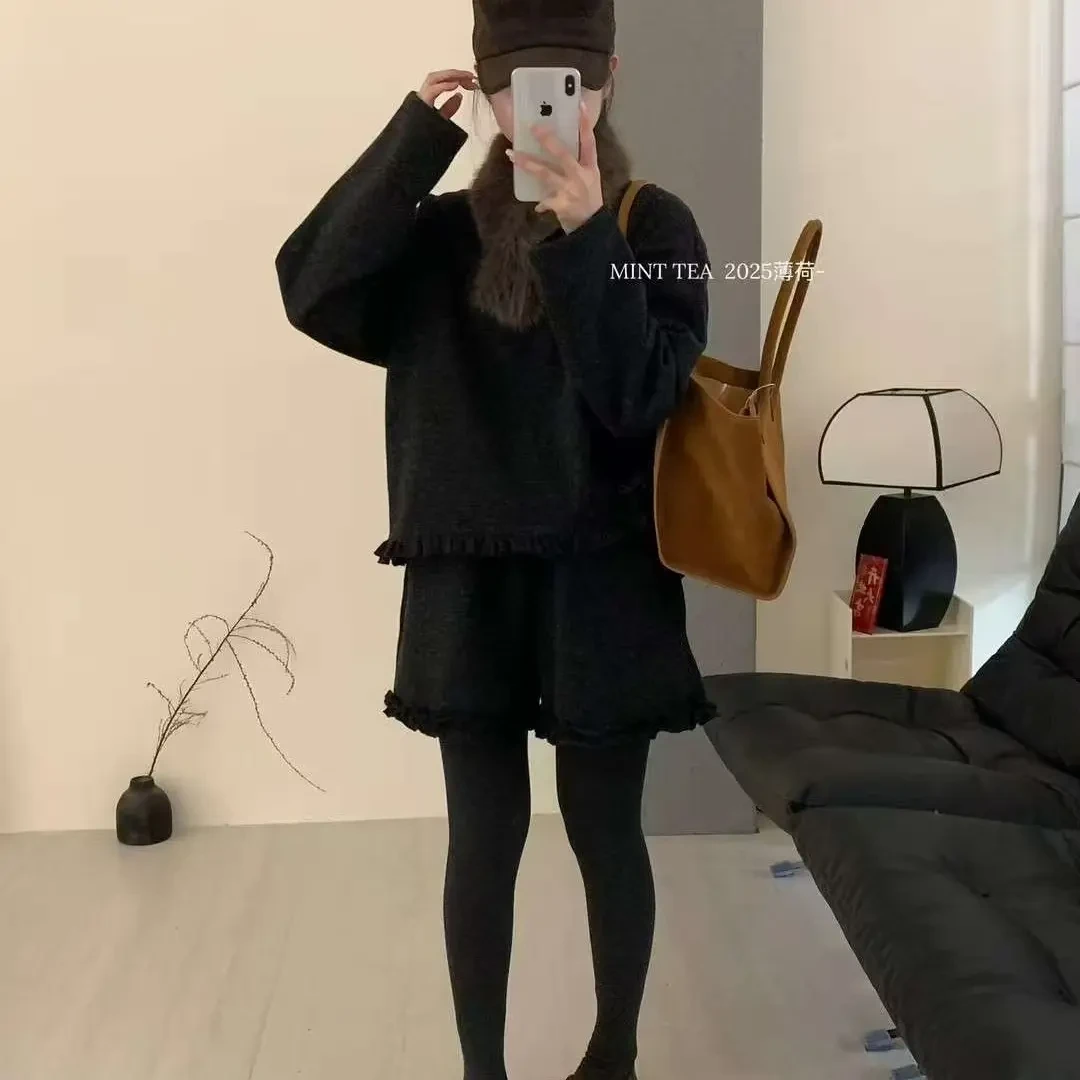 韩系木耳边卫衣搭配短裙秋冬新款时尚休闲保暖套装女
