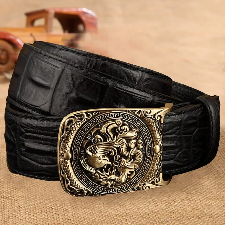 龙凤呈祥男士皮带2023新款潮流铜扣复古鳄鱼纹头层牛皮青年裤带