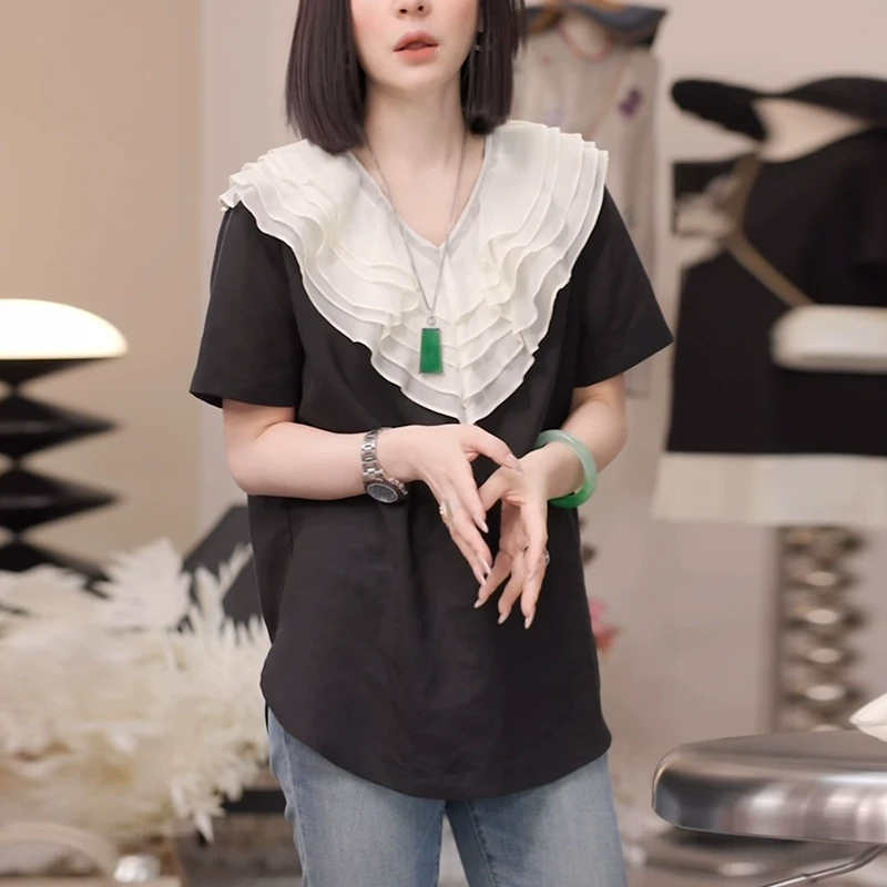 荷叶边黑色v领t恤女士2025时尚减龄宽松型遮肉高级感显瘦短袖上衣