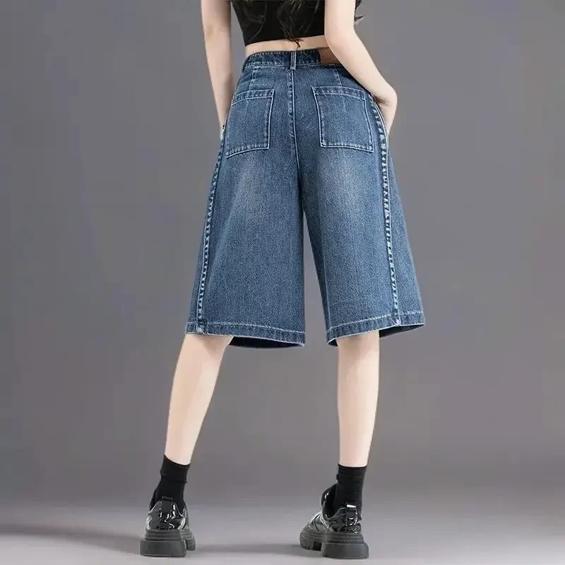 夏季薄款2025新款六分牛仔短裤女高腰设计感小众直筒阔腿五分中裤