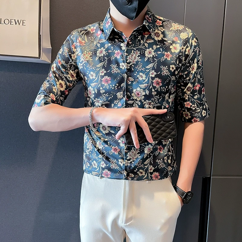 夏季冰丝衬衫男短袖高级感潮流半袖男装痞帅潮牌七分袖花寸衫衣服