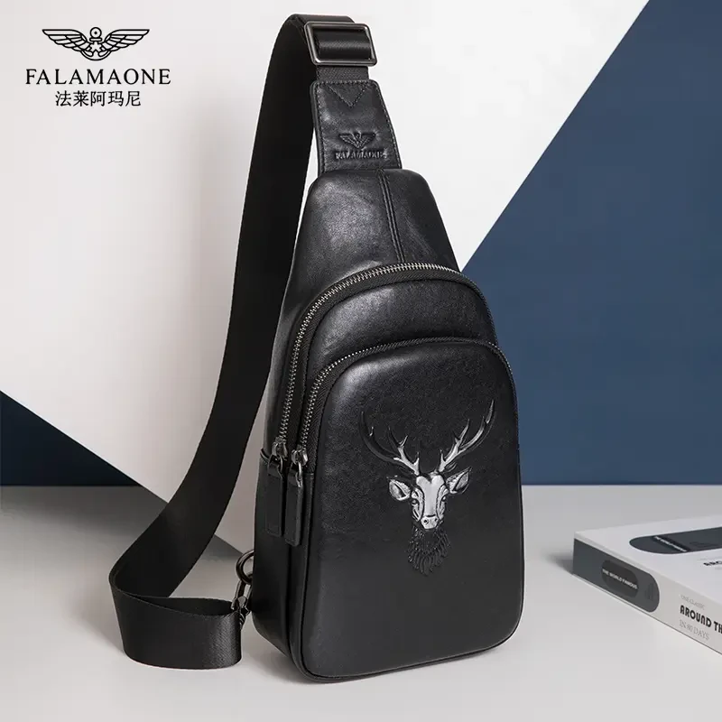法莱阿玛尼专柜真皮胸包时尚青年斜挎包潮流休闲百搭街头胸前包包