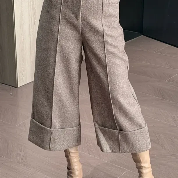 秋季新款毛呢西装休闲直筒裤女百搭减龄显瘦垂感阔腿七分裤
