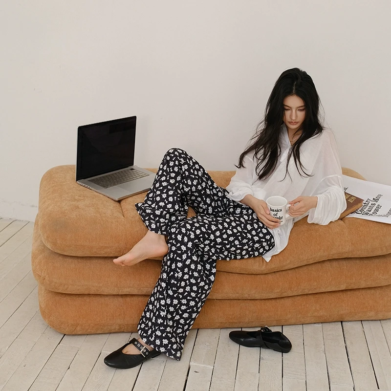 FRESH UP亚麻天丝松弛感碎花阔腿裤女夏季慵懒宽松休闲垂感直筒裤