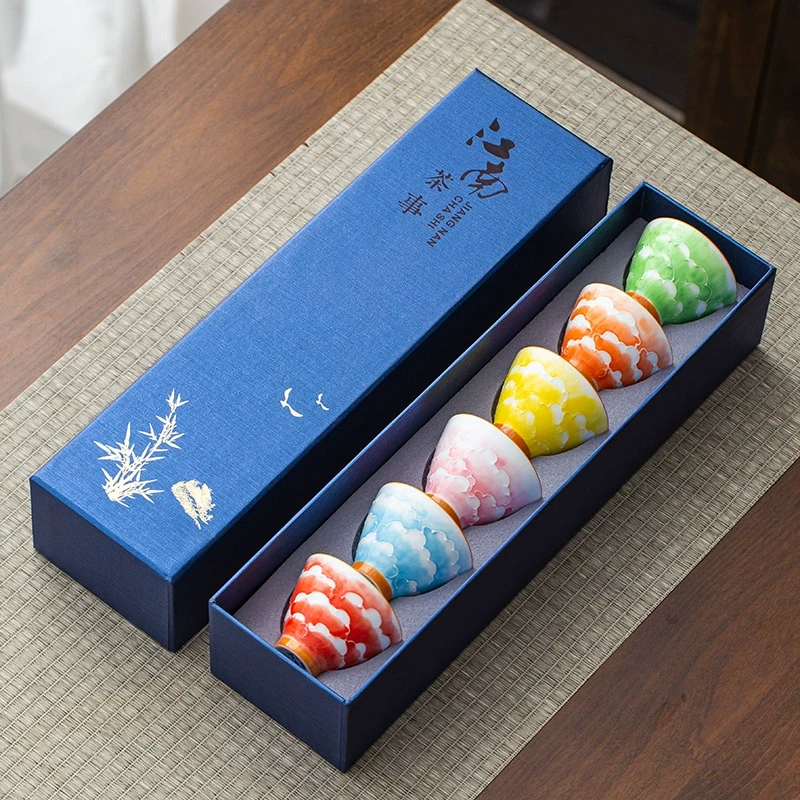 手工粉彩功夫茶具茶杯釉下彩手绘堆料斗笠杯品茗杯6茶杯礼盒套装